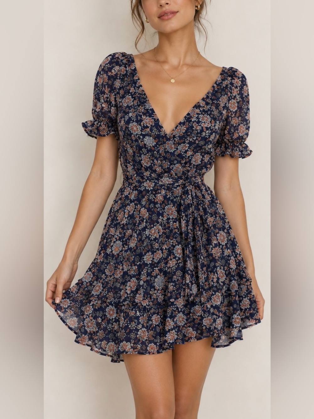 Trixxi Navy Floral Wrap Mini Dress with Puff Sleeves